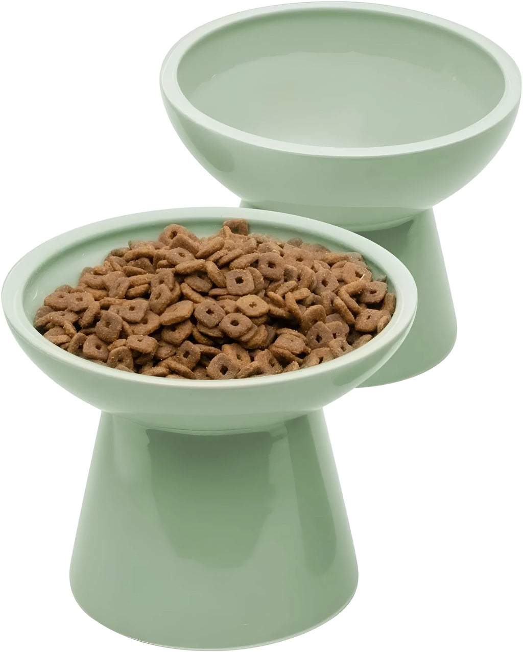 Elevated ceramic cat bowl in blue with wide shallow dish on weighted base