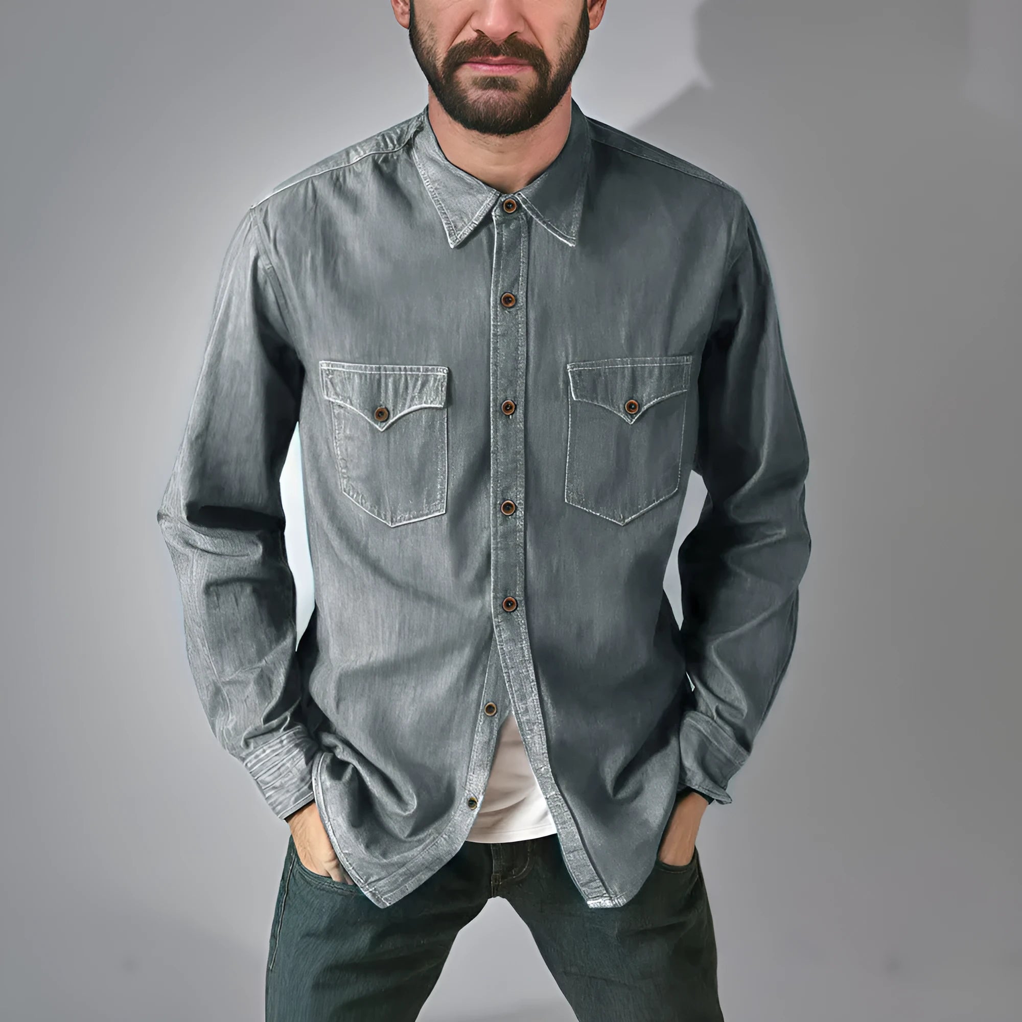 Cotton denim cardigan coat in khaki on a hanger, showing button front and regular fit.