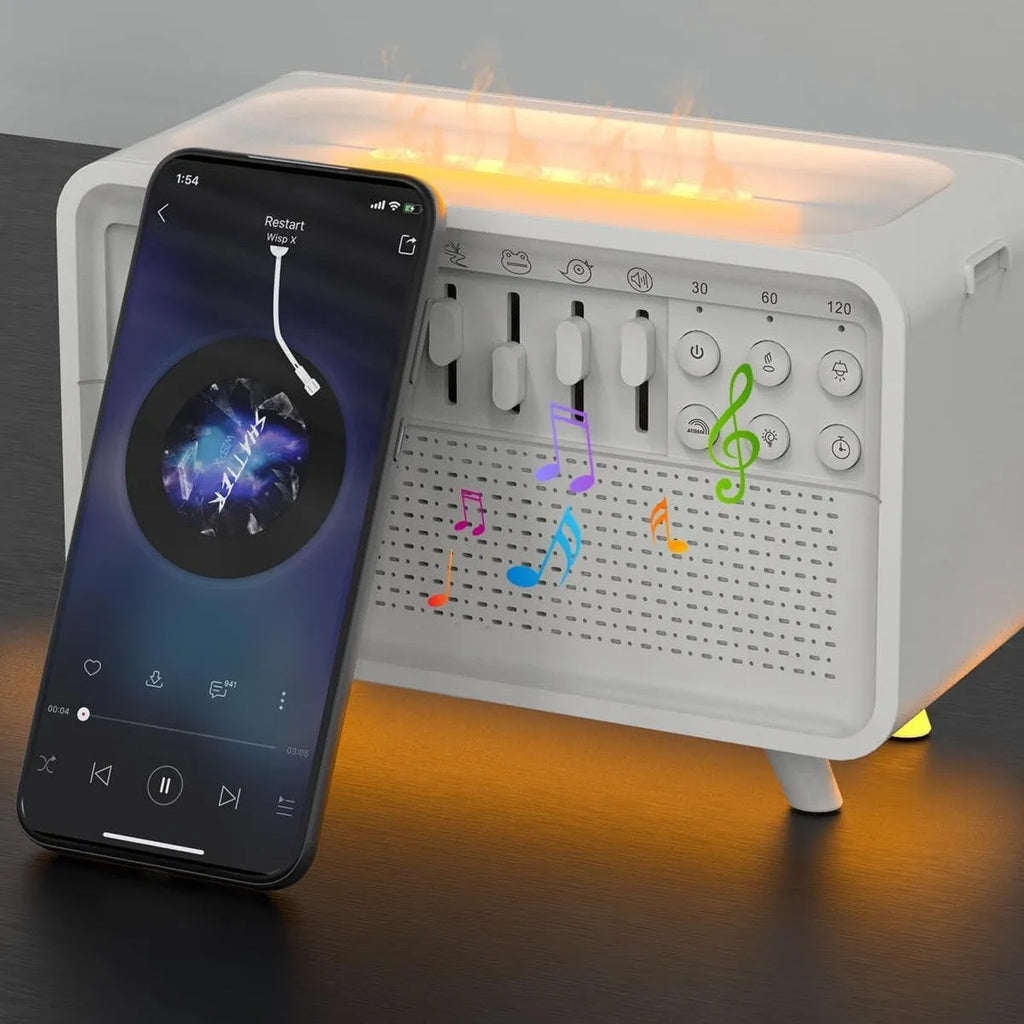 White geometric 3-in-1 Bluetooth speaker, white noise machine, humidifier, and night light unit