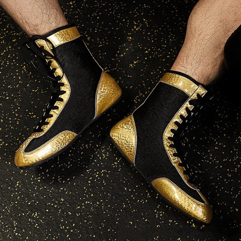 Professional black gold mesh boxing shoes with non-slip sole for indoor training
