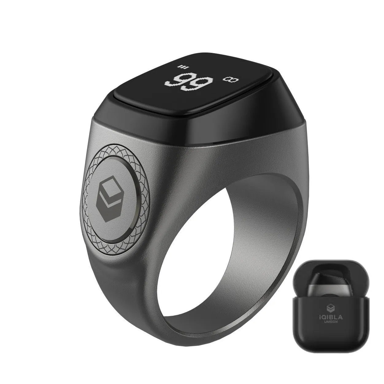 Zikr1 metal smart ring showing OLED display and button, in colours black, green, rose gold, and silver.