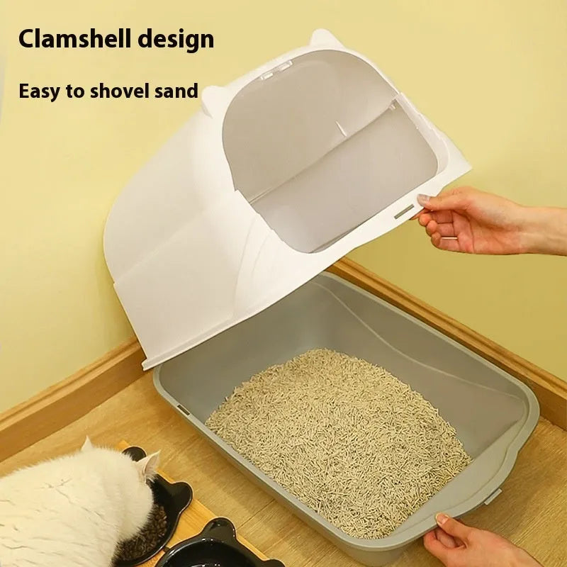 Oversized enclosed cat litter box in grey PP plastic with high sides and privacy top