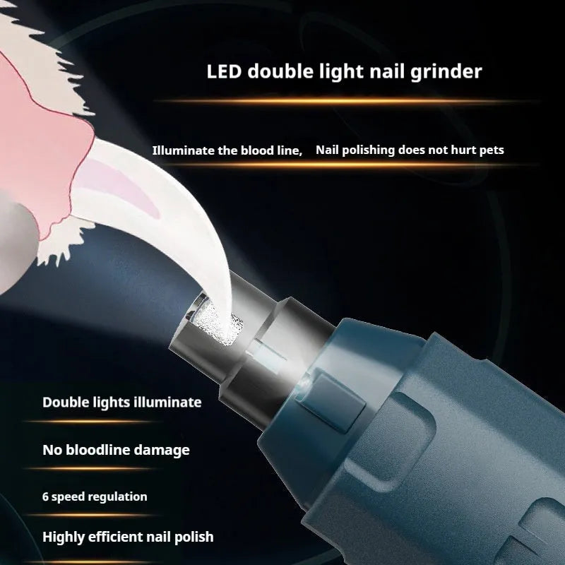 Dark blue electric pet nail grinder with rotary knob, LED light, and fine grinding head.