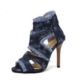 Women's denim high heel sandals in plaid and leopard print, plus size range 32-50.