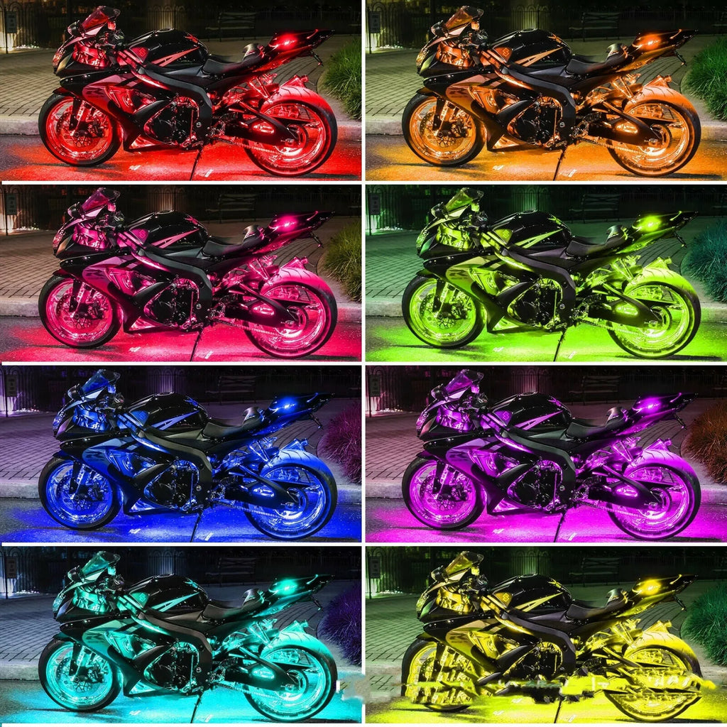 Black silicone RGB LED light bar with remote control for car and motorcycle atmosphere lighting.