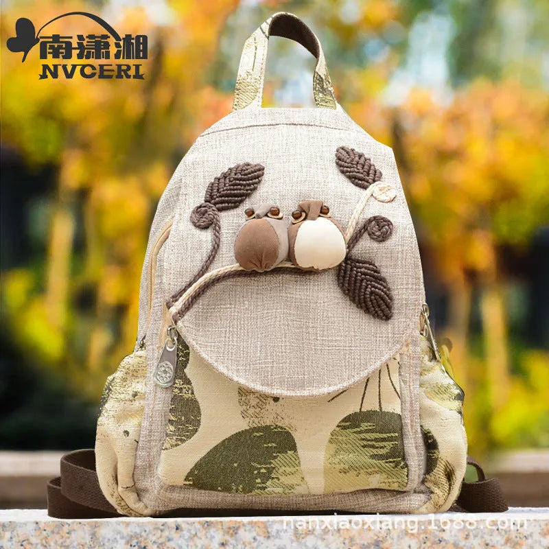 Ethnic style retro canvas backpack with floral print and outer pocket, soft construction for leisure travel