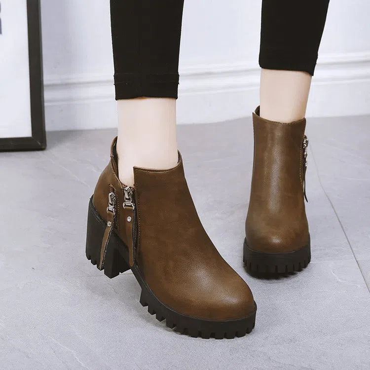 Women's side-zip high-heeled Dr Martens boots, black or black-khaki, 6-8cm heel, low shaft