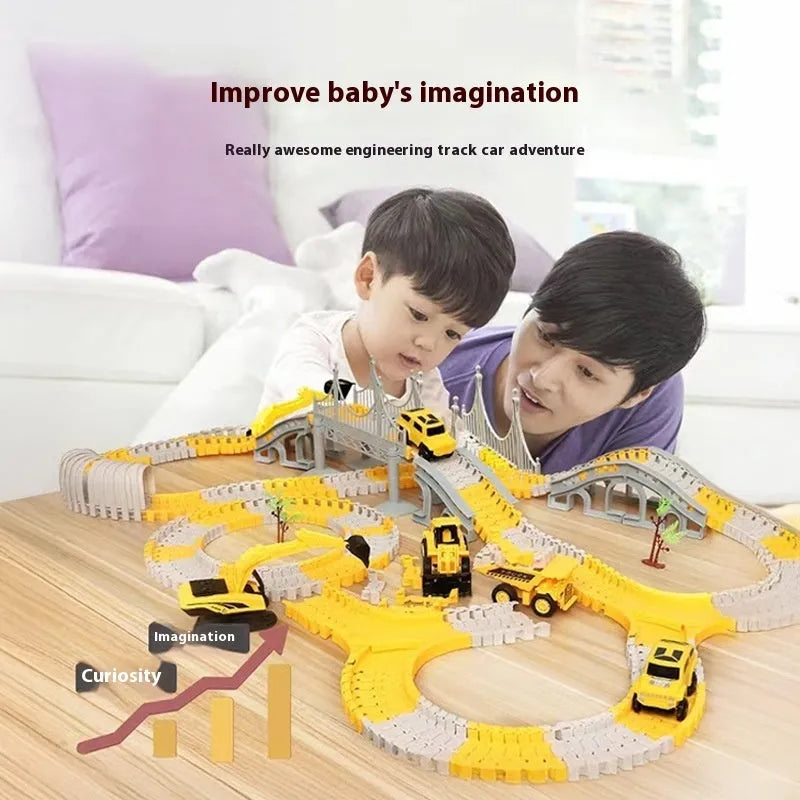 Rail car toy set with plastic track pieces and two electric vehicles in assorted colours