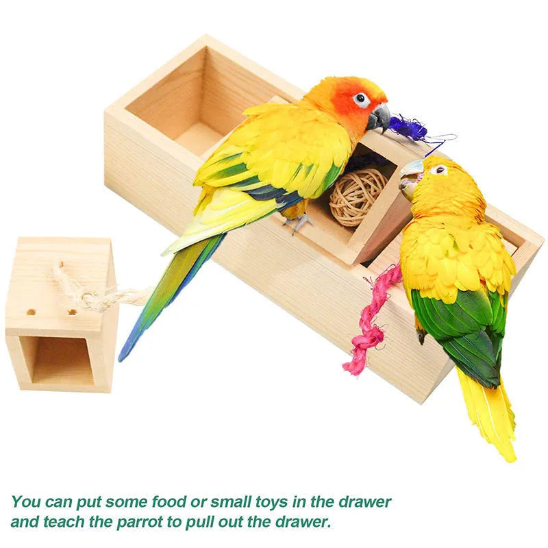 Wooden bird puzzle training set with multiple pieces for parrot enrichment and mental stimulation