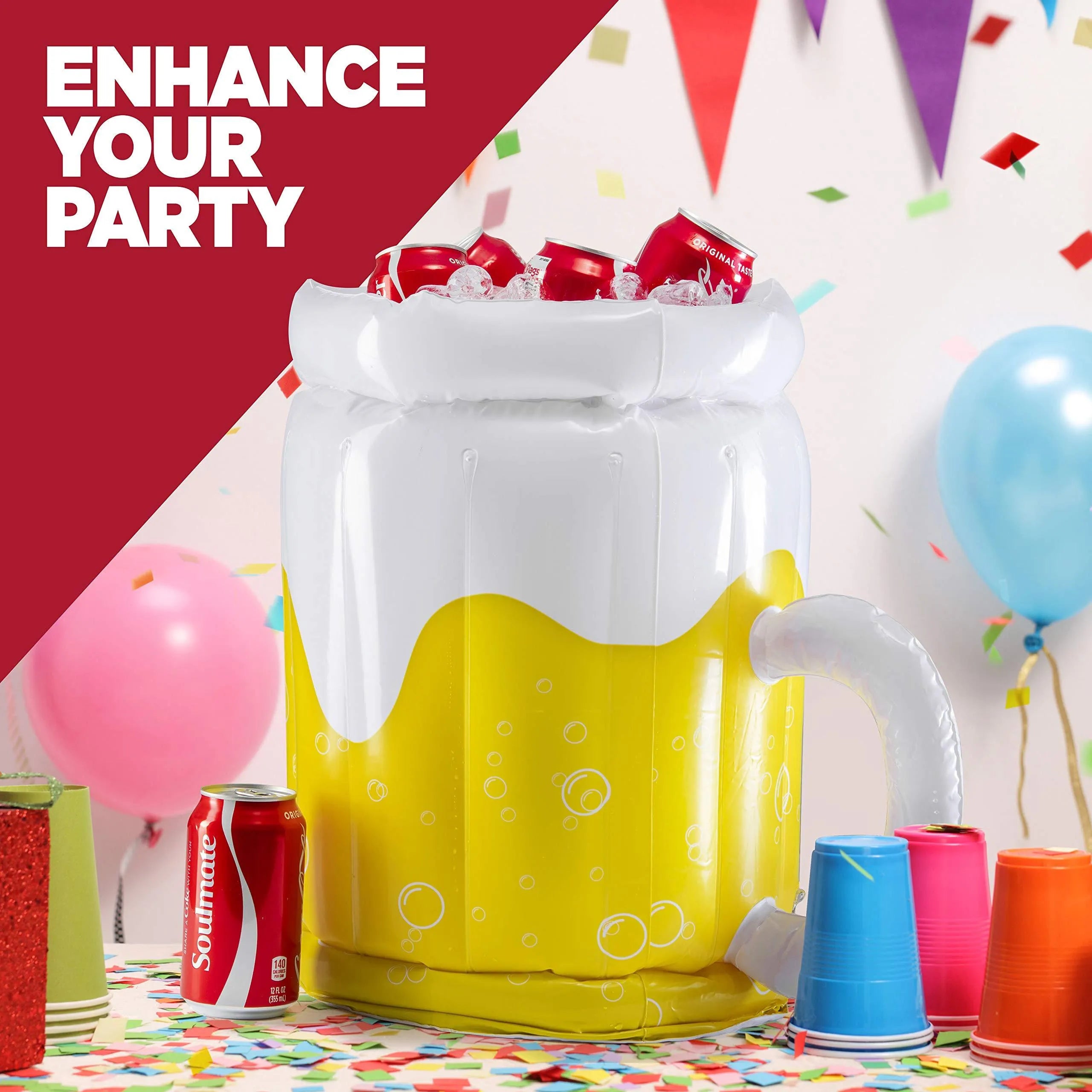 Large yellow inflatable beer mug cooler pool float with drink holders