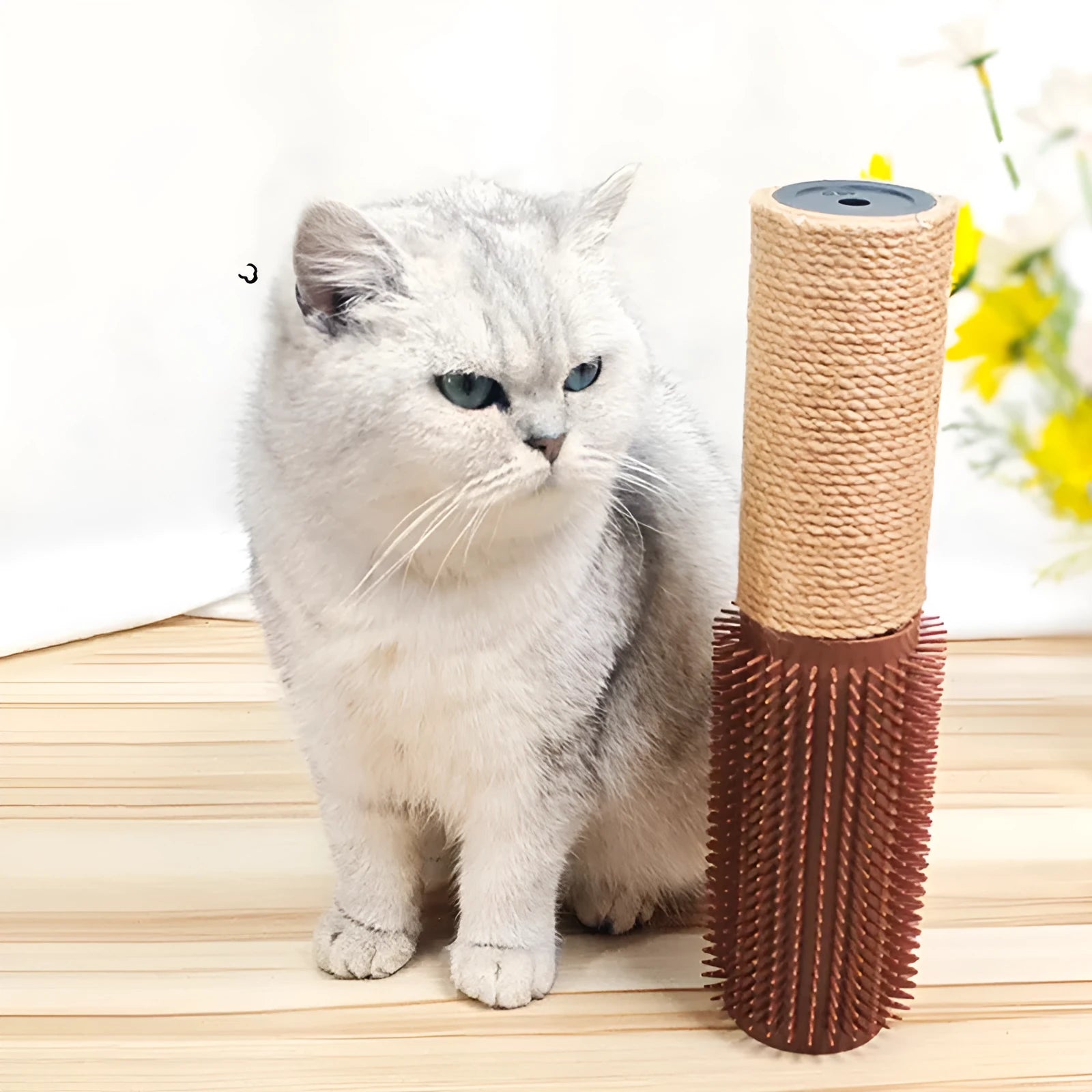 Brown sisal cat scratching post 30cm tall with wooden base for furniture protection