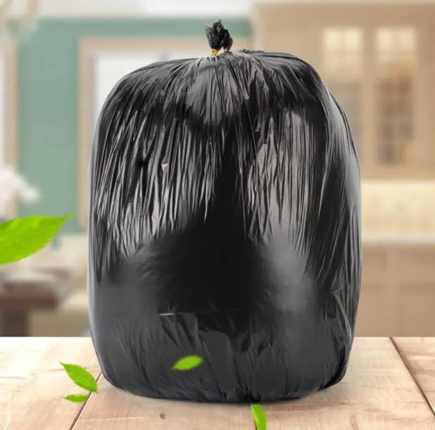 Roll of thickened black plastic bin bags showing 50x60cm dimensions and flat-mouth opening design