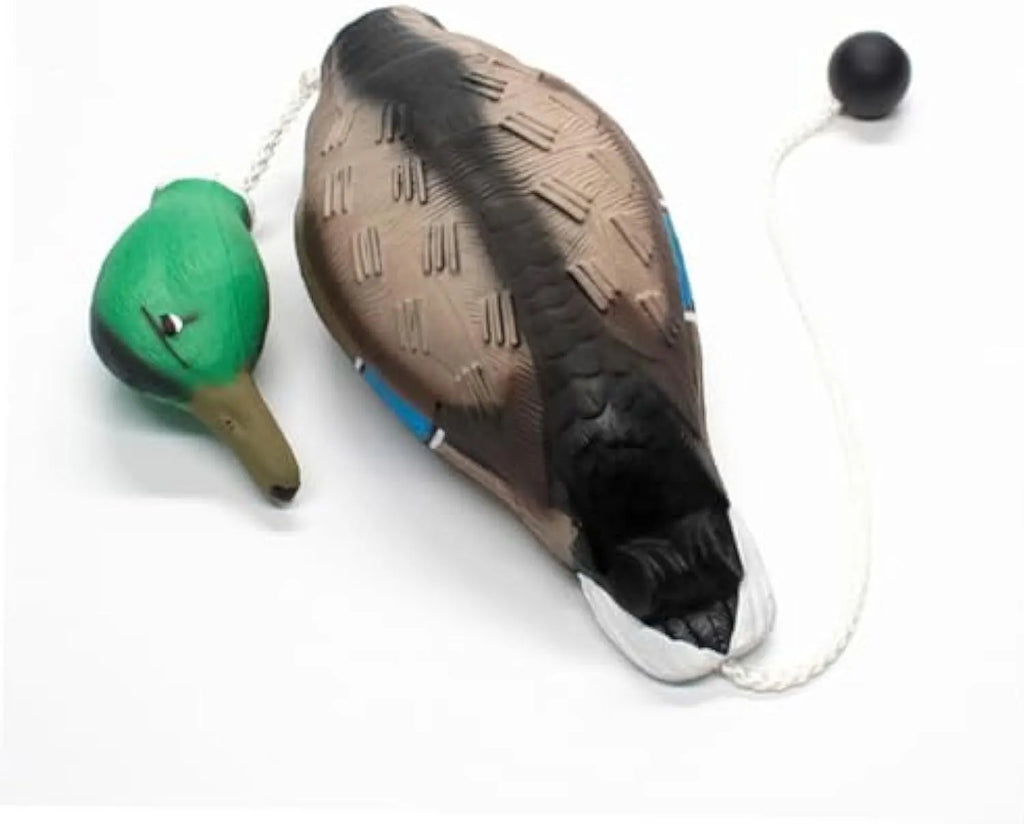 Green no-stuffing duck dog toy made from EVA, 35 cm x 10.5 cm x 8 cm, with quacking sound for chewing and training.
