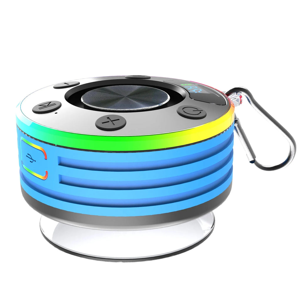 Waterproof Bluetooth speaker in black and sky blue with compact round design