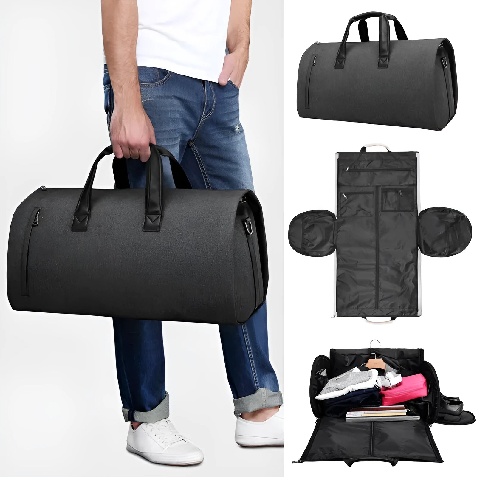 Medium oval travel bag in light grey with internal wet-dry separation and multiple organisation pockets.