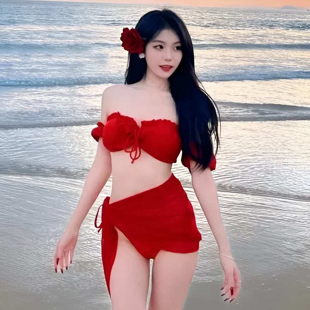 Women's red puff sleeve bikini set with skirt top and solid colour briefs on mannequin