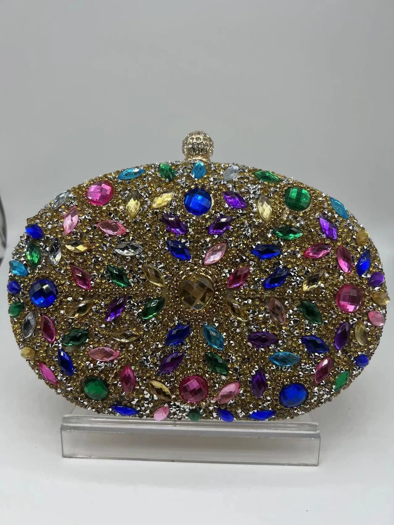 Gold hardware and rhinestone banquet handbag with structured retro design measuring 20cm wide