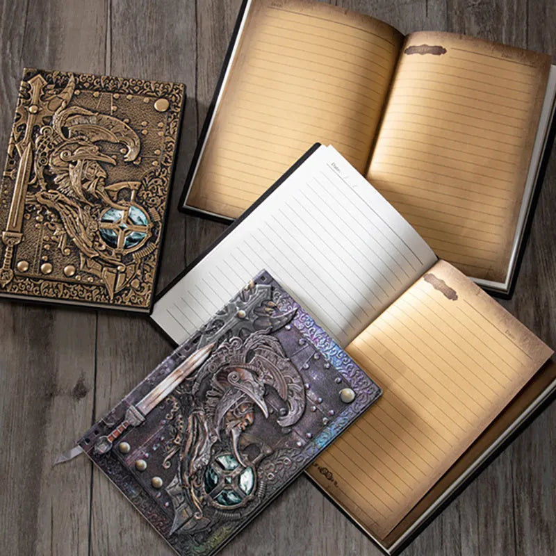A5 leather notebook with embossed 3D warriors design on the cover, shown in a choice of colours.