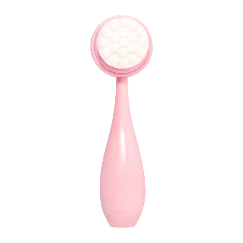 Three-piece facial skincare set showing a nylon brush and a coral fleece hair band in purple.