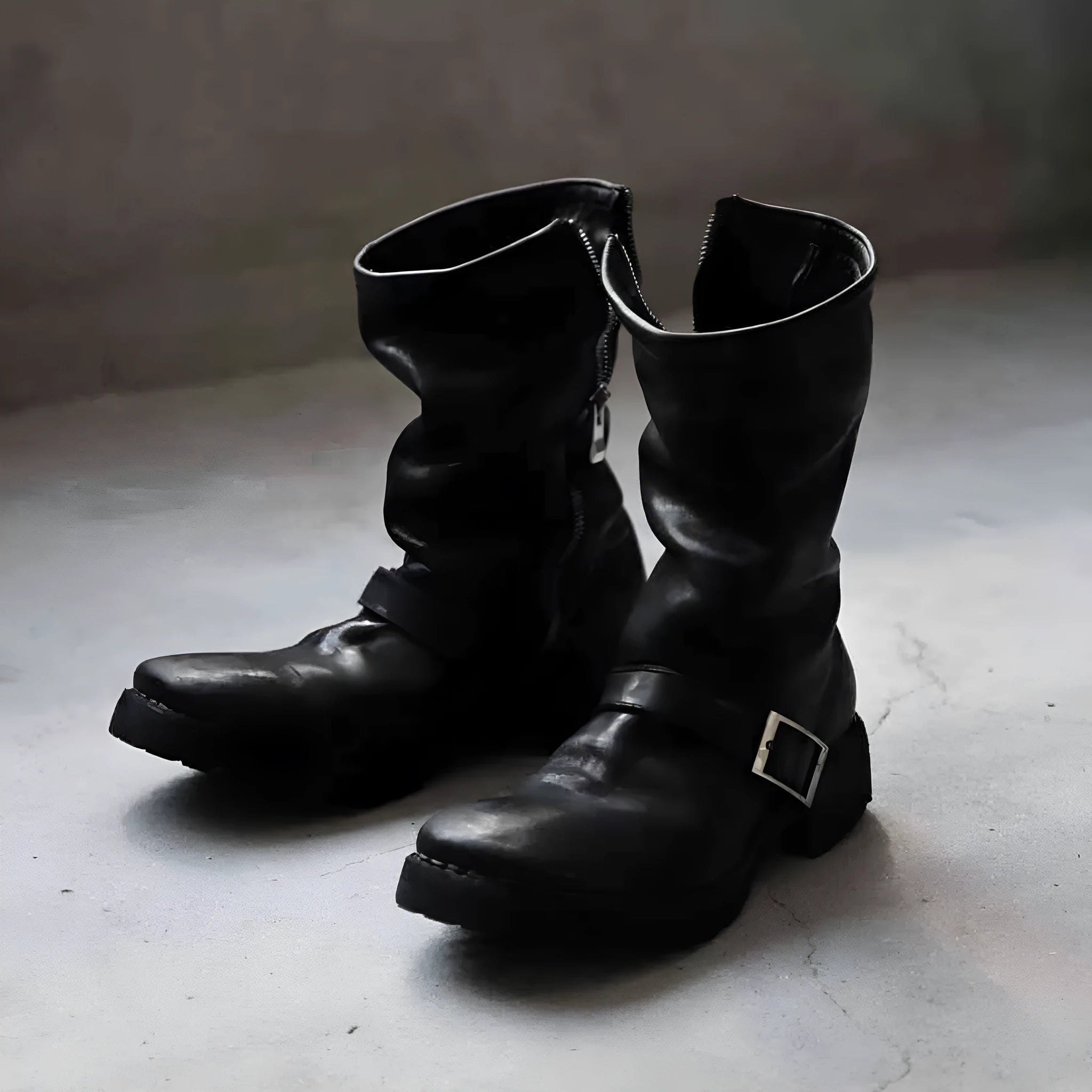 Men's dark retro Martin ankle boots with side zip closure and round toe