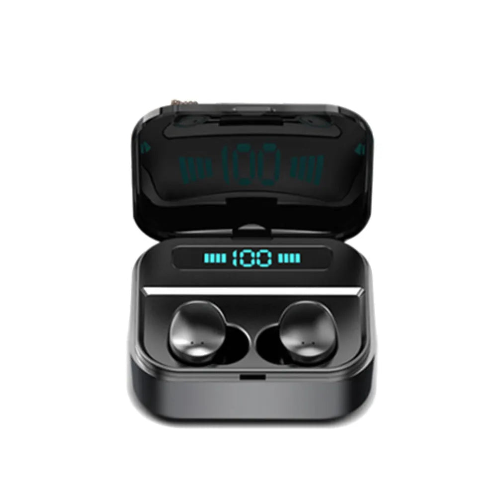 X7LED black wireless Bluetooth sports earbuds with charging case showing LED display