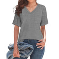 Grey loose-fit V-neck t-shirt with a front pocket and short sleeves on a plain background