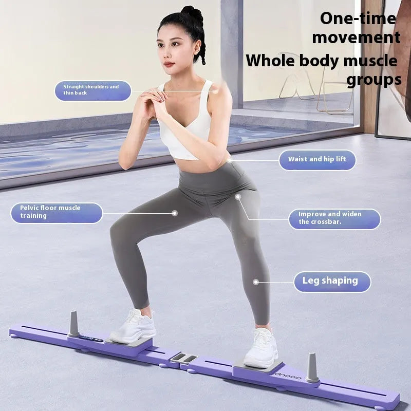 Purple split multifunctional skiing machine trainer, 85cm long, on a carpet for home exercise.