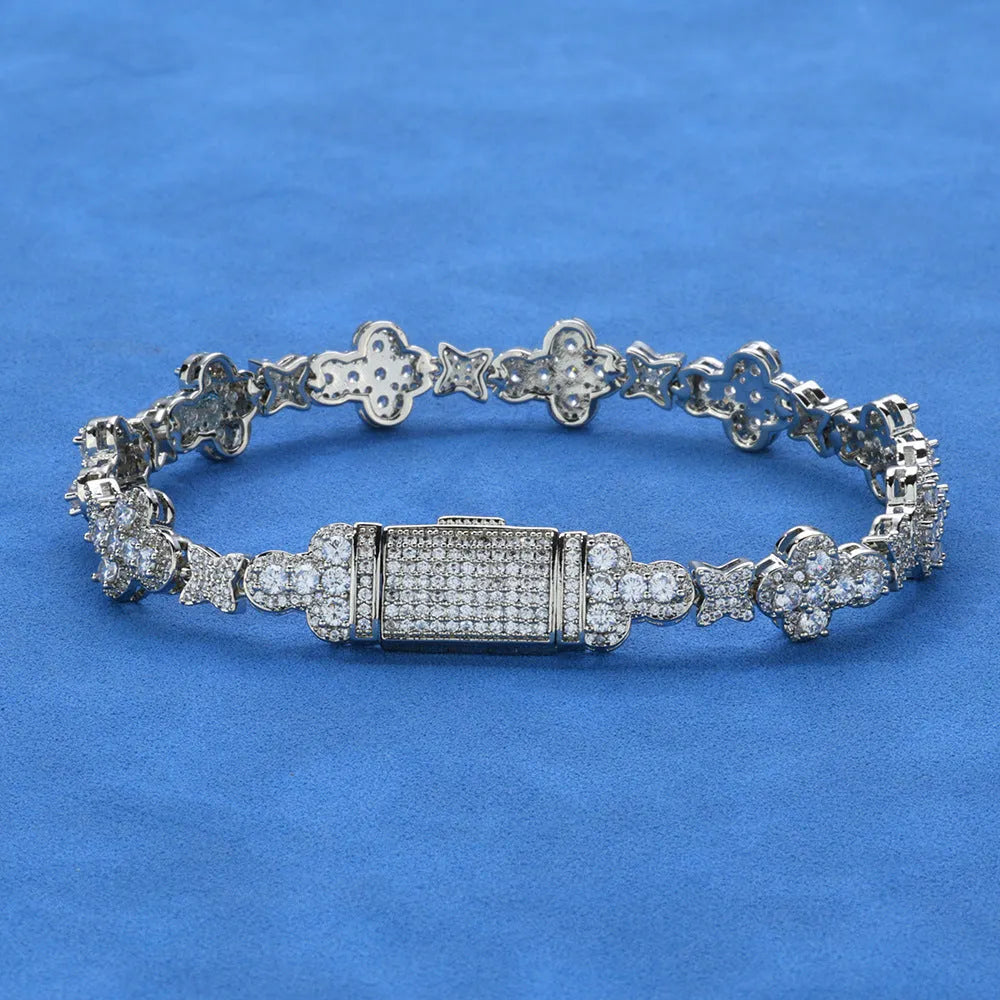 10mm hip hop cross star zircon bracelet in gold or platinum, 7 8 or 9 inches, unisex metal design.