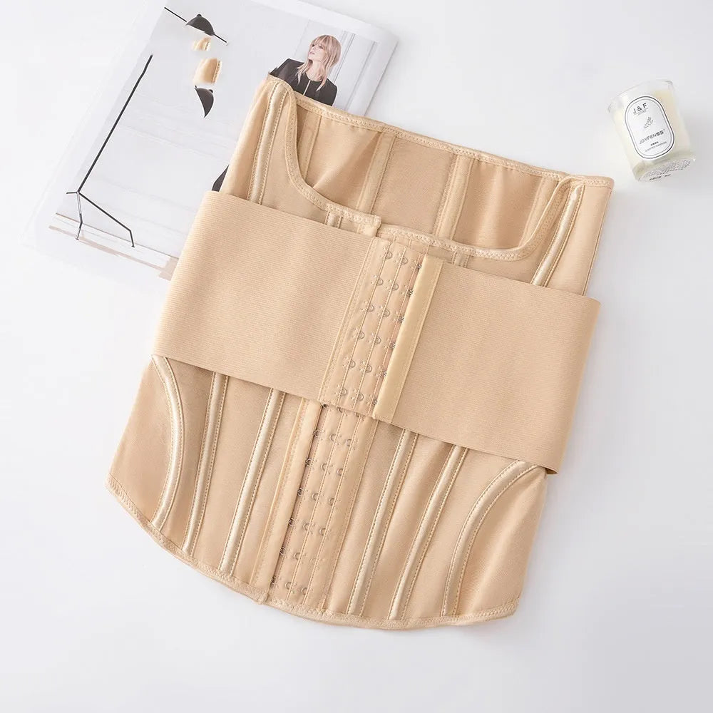 Nylon belly band waist training belt shown in black and apricot colours with a belt tie.