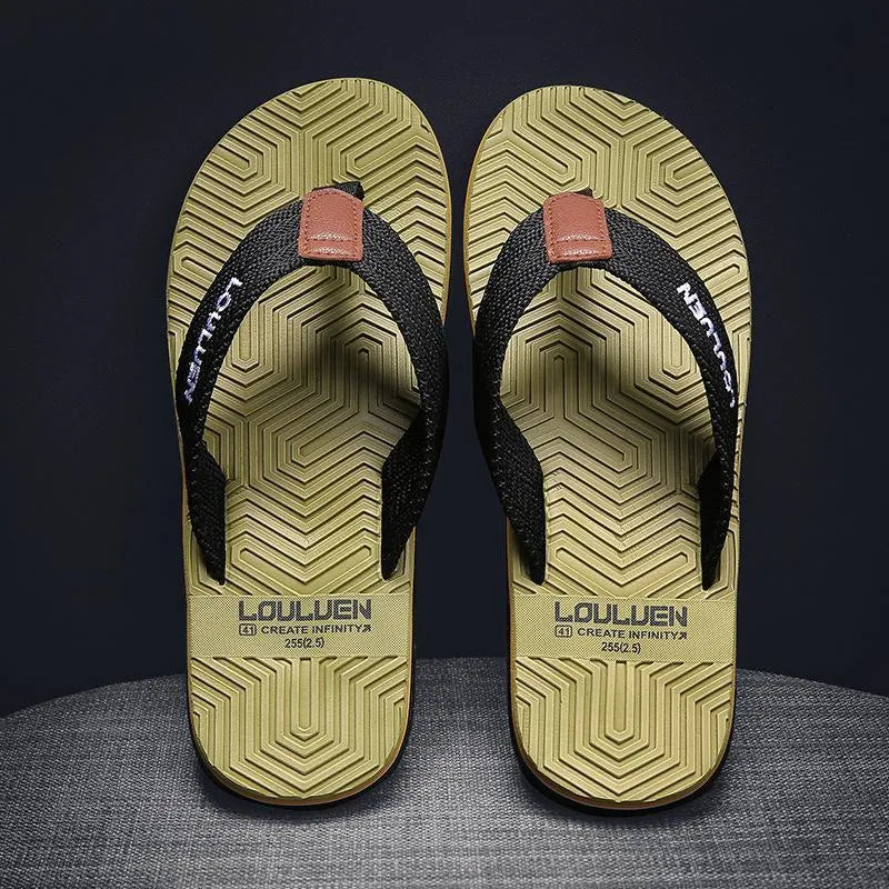 Men's black flip flops with EVA foam upper and textured PVC sole, shown on a neutral background.