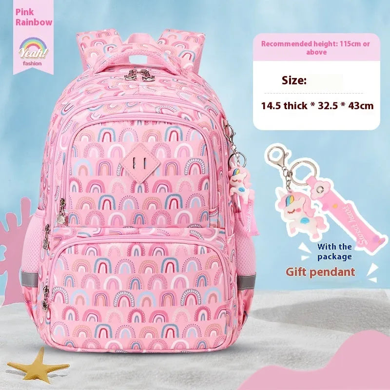 Blue children's school backpack made from Oxford cloth with curved straps, shown in a dinosaur pattern design.