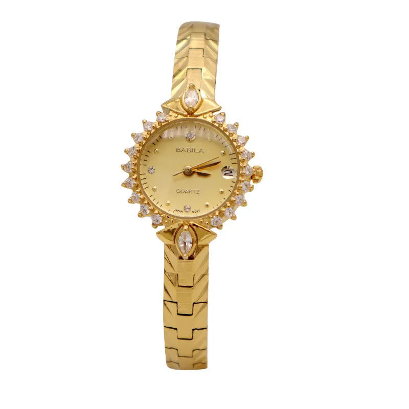 Women's vintage quartz watch with diamond-embossed bracelet in gold or golden white finish