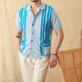 Light blue striped cotton polo cardigan with short sleeves and a lapel collar on a hanger.