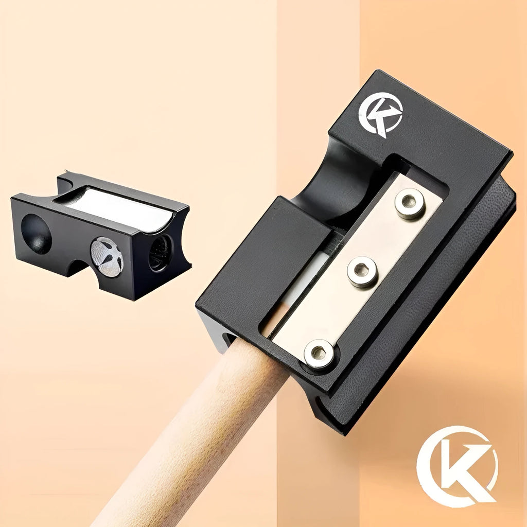 Black metal billiard cue tip repair tool with mounting accessories