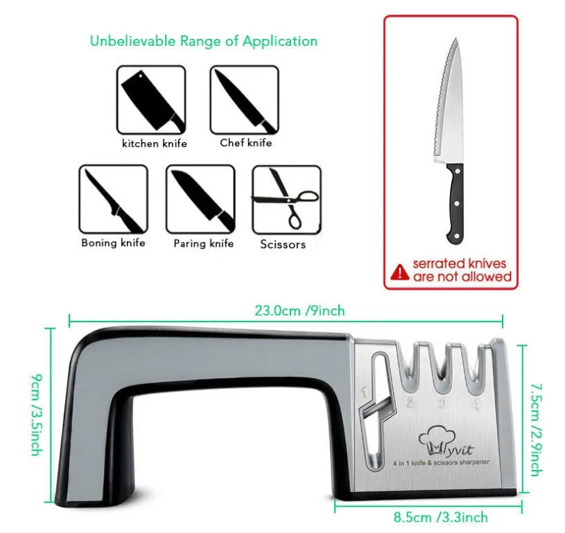 Four-in-one multifunction kitchen knife sharpener in black and cyan colour with stainless steel body.