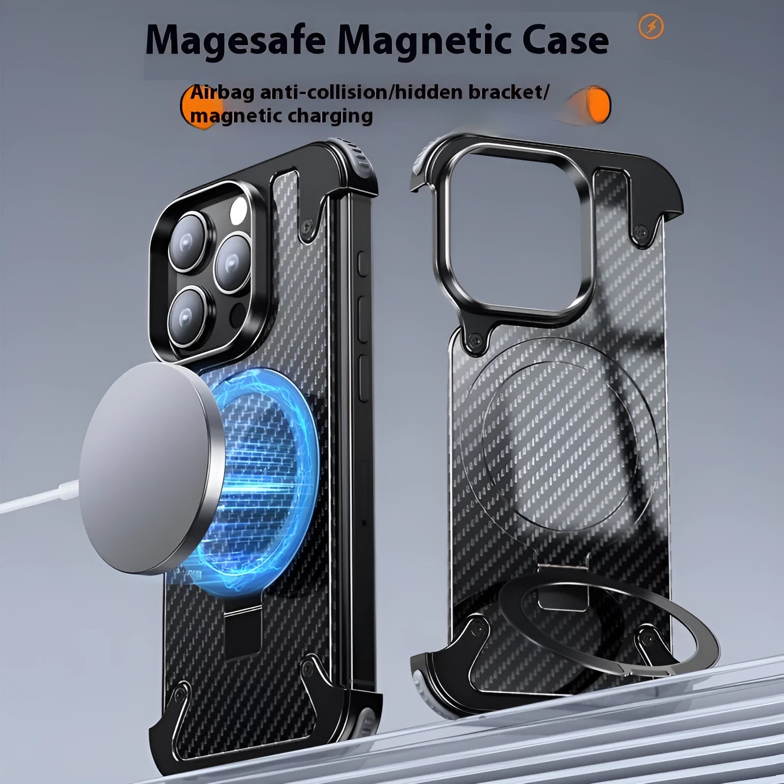 Matte black YILI shell carbon fibre magnetic bracket case for iPhone 16 Pro Max with carved finish
