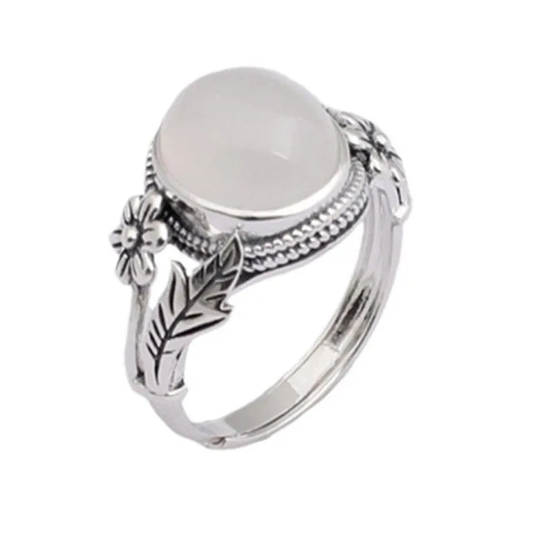 Adjustable vintage copper ring with U-shaped band and imitation white chalcedony stone