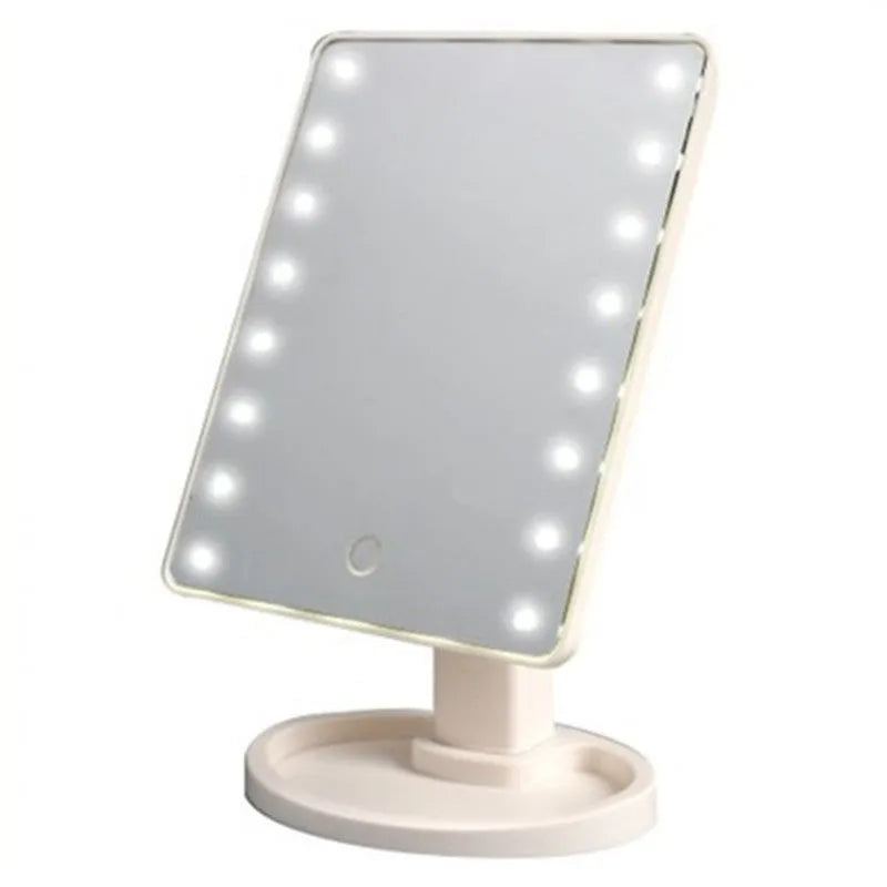 Portable 360 degree rotation touch induction tabletop cosmetic mirror with 22 LED lamp beads in black finish, measuring 17 by 22 cm