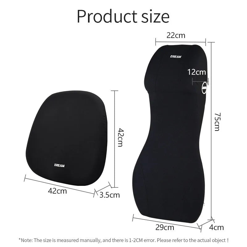 Black memory foam car cushion with integrated headrest and lumbar support pillow