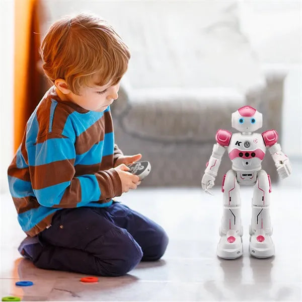 Remote control toy smart robot in blue with gesture sensing, dance, and eye lights