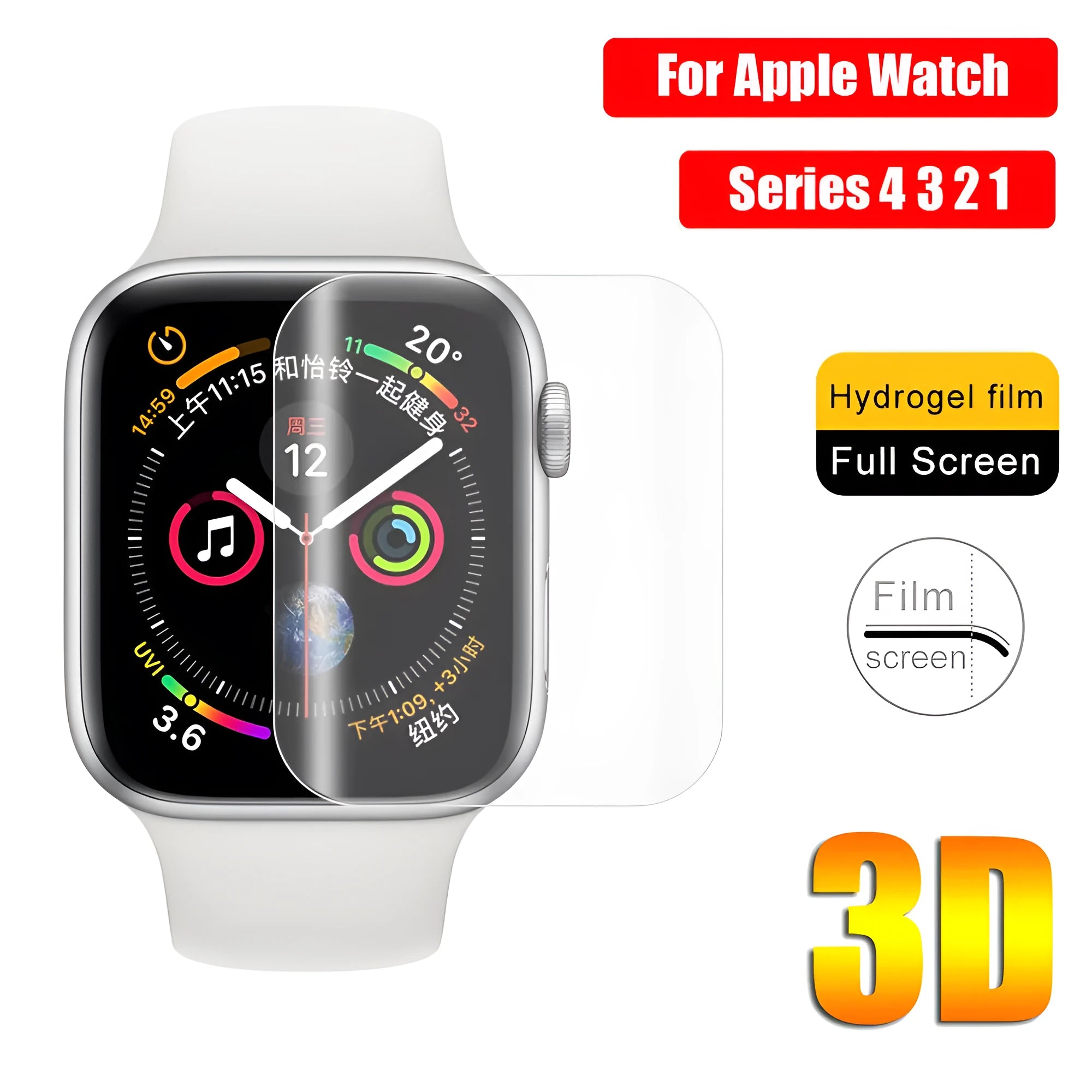 Full coverage hydrogel screen protector film for Apple Watch Series 4 and Series 3 models.