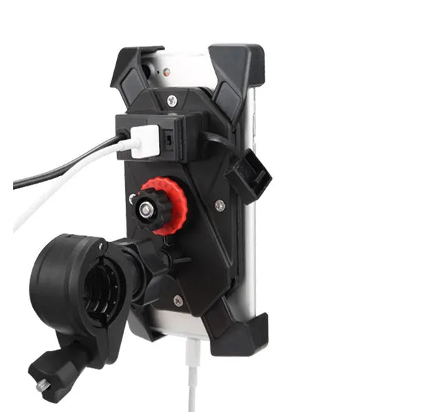 Black ABS motorcycle phone holder CD-169 mounted on a handlebar, showing USB charging port and adjustable phone clamp.