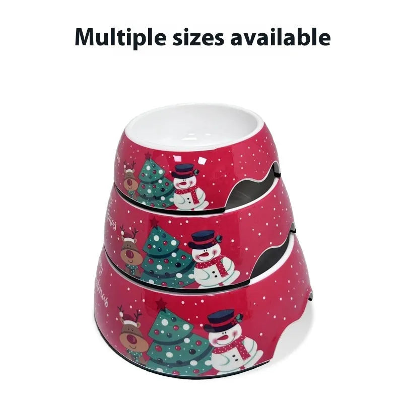 Red double-layer pet bowl with stainless steel insert for dogs and cats, shown in three size options.