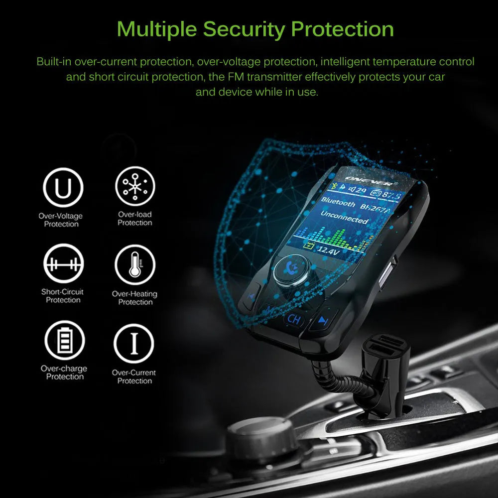 Black car Bluetooth FM transmitter with colour screen and dual USB ports plugged into a car dashboard.