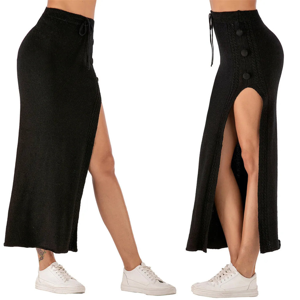 Women's slim-fit acrylic skirt in black with a side split and mid-length design.