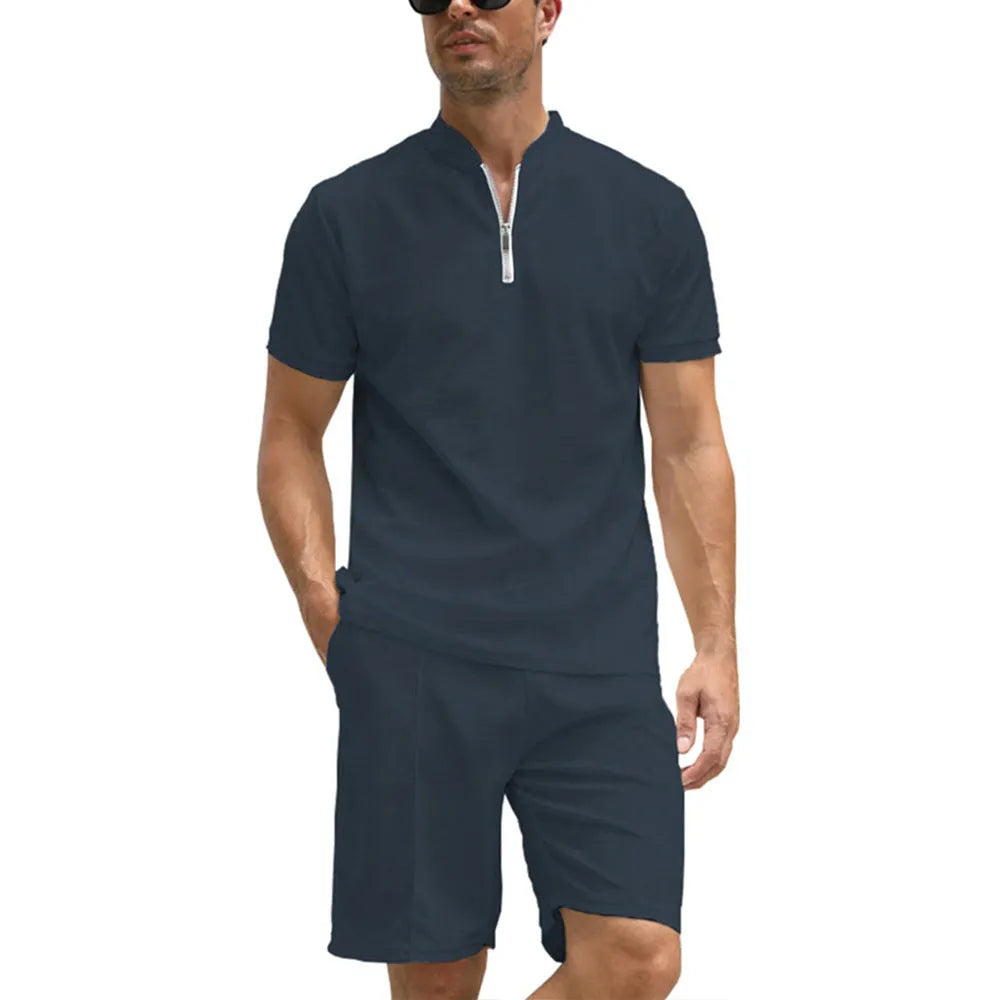 Men's solid colour beaded bird's eye polyester polo shirt suit two-piece set on a hanger.