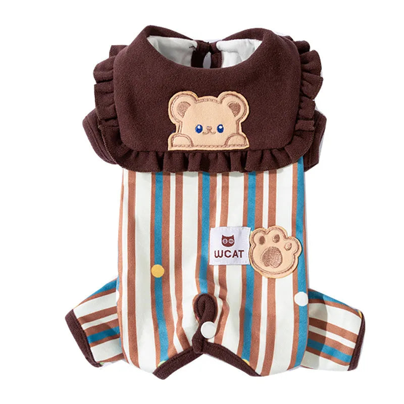 Brown small dog onesie with bear-embroidered ruffled collar, striped blue and brown body, and paw print patch