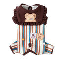 Brown small dog onesie with bear-embroidered ruffled collar, striped blue and brown body, and paw print patch