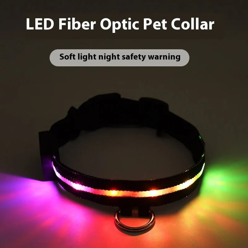 Black LED luminous dog collar and matching rope lead set for nighttime walking safety.