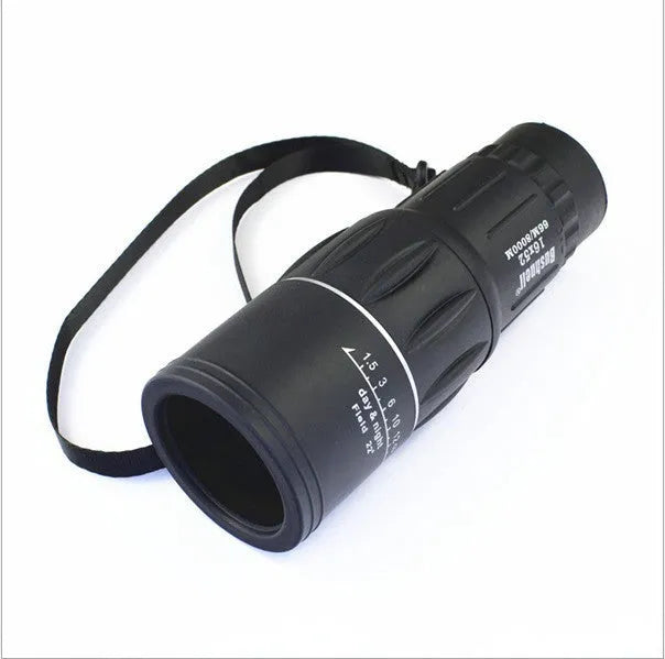 Black 16x52 monocular telescope with 52mm objective lens and green film coating for high-definition observation